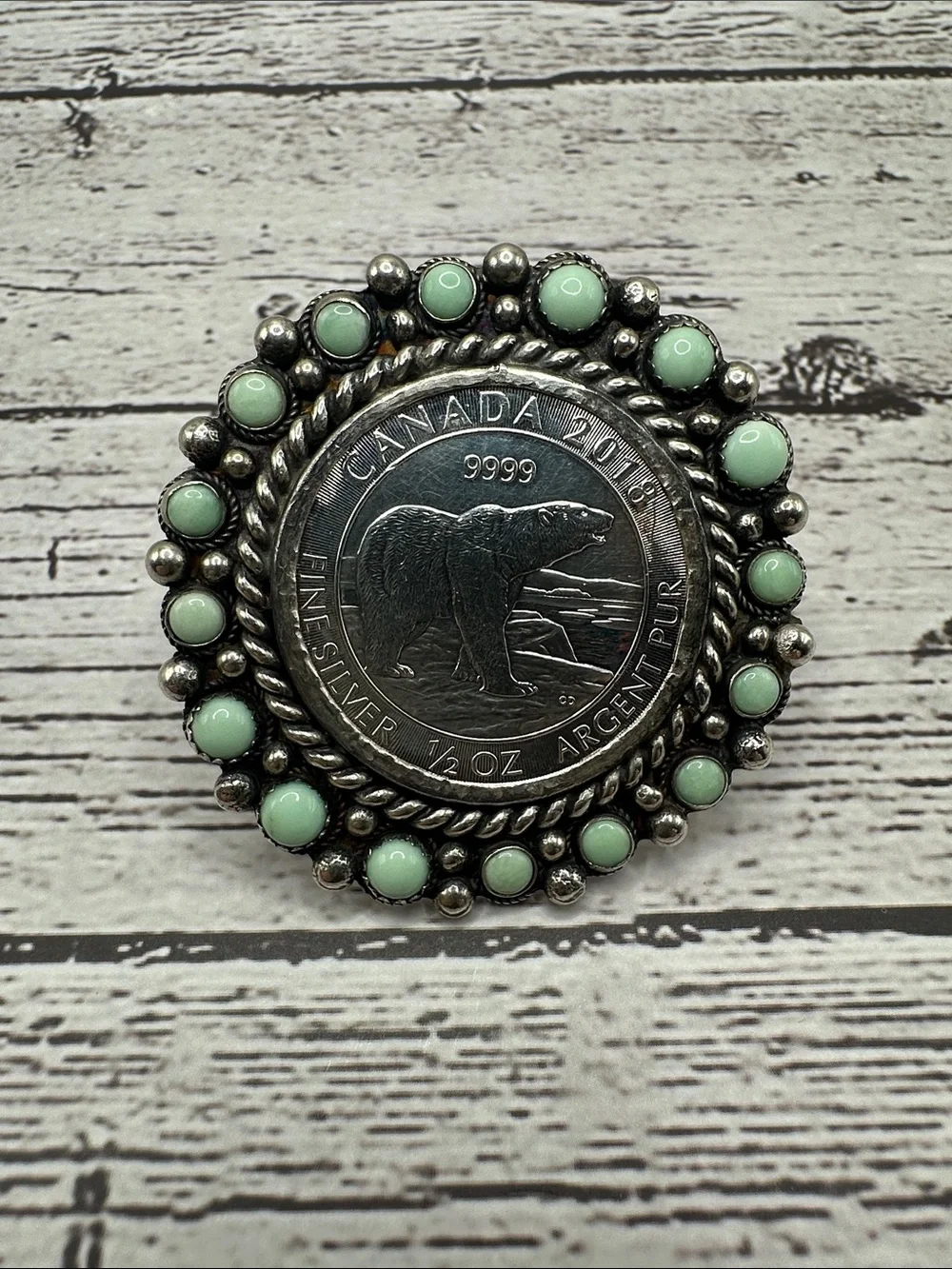 Sterling Silver Coin Ring with Paloma Mint Green Cabochon Halo